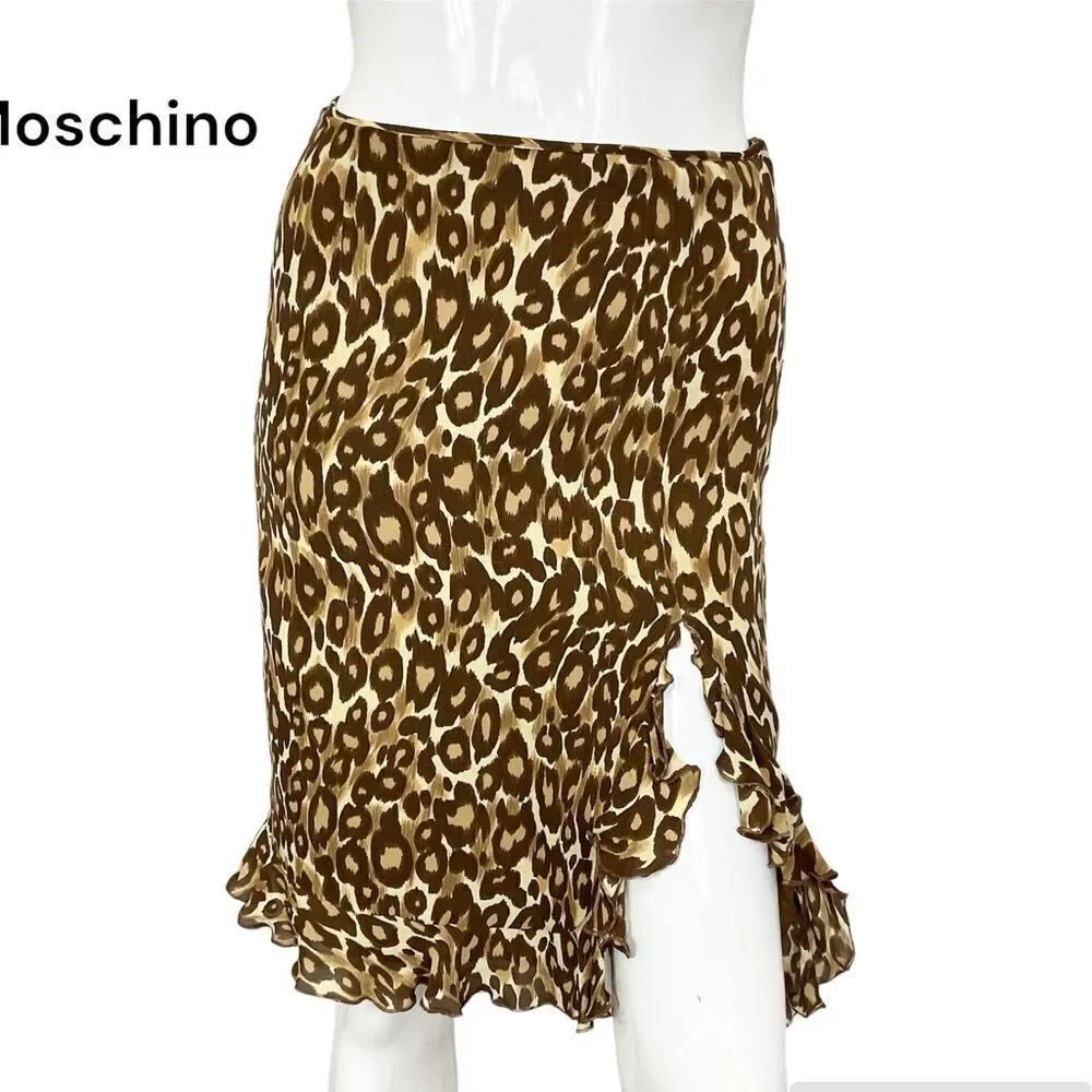 Moschino Leopard Print Silk Ruffled Knee Length Skirt Brown Tan Size 6